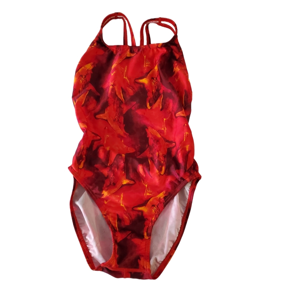 VTG Speedo Black Red Shark Peekaboo Back 1 Piece Hi- Cut Swimsuit Size 34(S)Jr.